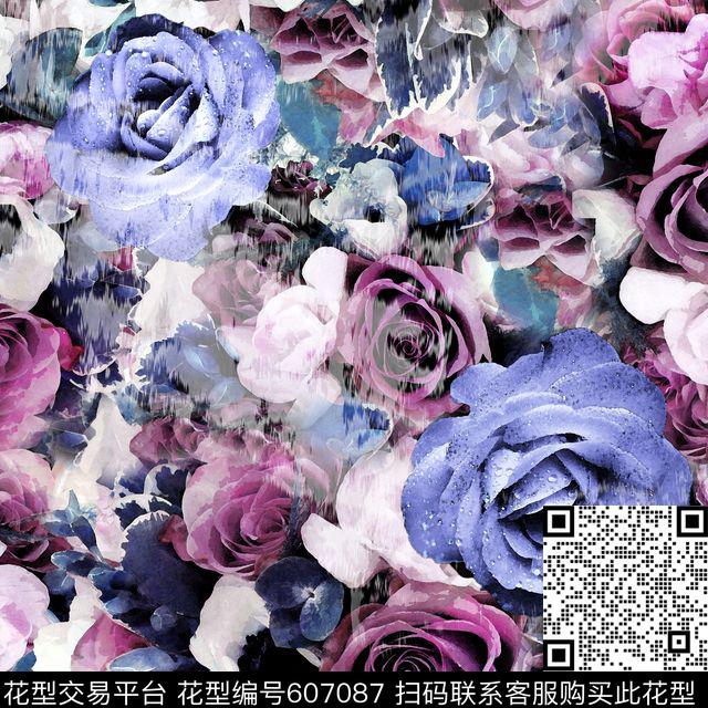 x-0202.jpg - 607087 - 沙发布（花卉） 水彩花卉 玫瑰 - 数码印花花型 － 沙发布花型设计 － 瓦栏