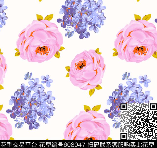 绣球月季花.tif - 608047 - 玫瑰 荷花 小碎花 - 数码印花花型 － 女装花型设计 － 瓦栏