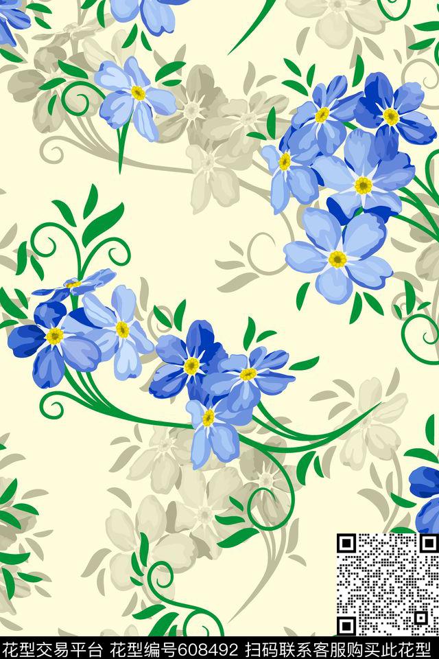 水彩花卉04482b.tif - 608492 - 水彩花卉 欧美 最新 - 传统印花花型 － 沙发布花型设计 － 瓦栏