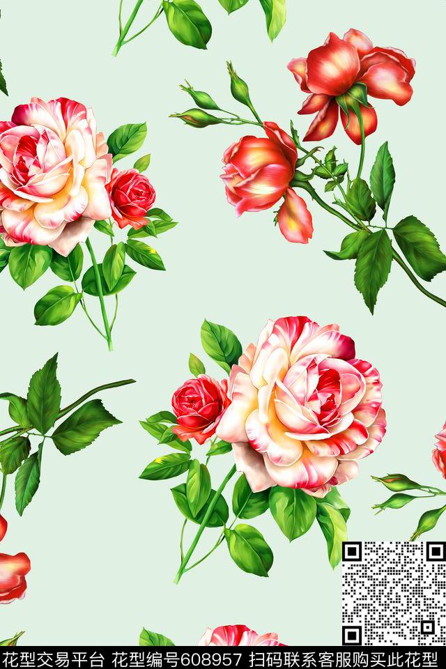 水彩玫瑰04516.tif - 608957 - 最新流行 艺术 欧美 - 数码印花花型 － 沙发布花型设计 － 瓦栏