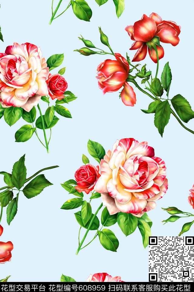 水彩玫瑰04516c.tif - 608959 - 最新流行 艺术 欧美 - 数码印花花型 － 沙发布花型设计 － 瓦栏