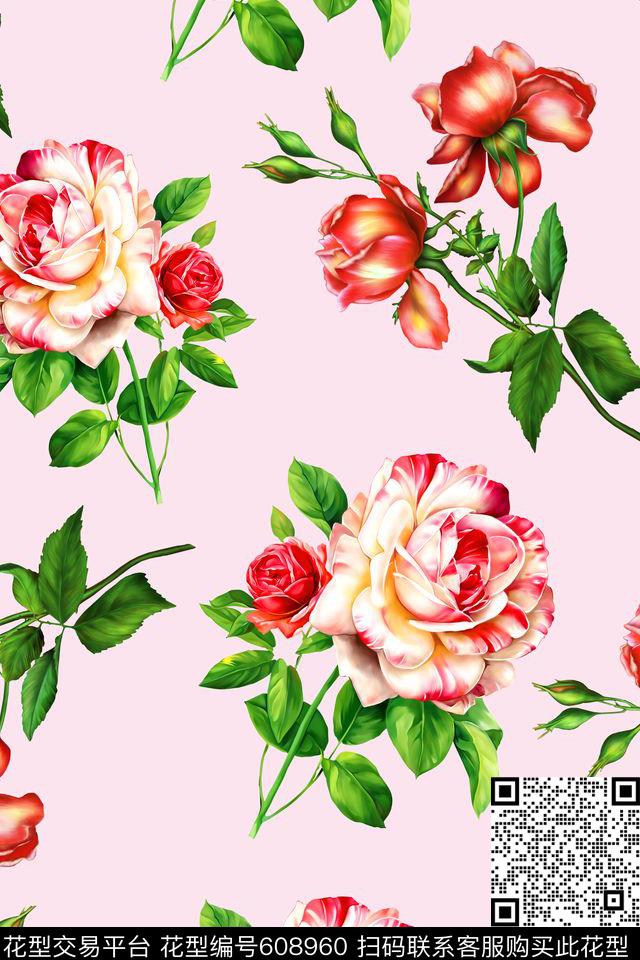 水彩玫瑰04516d.tif - 608960 - 最新流行 艺术 欧美 - 数码印花花型 － 沙发布花型设计 － 瓦栏