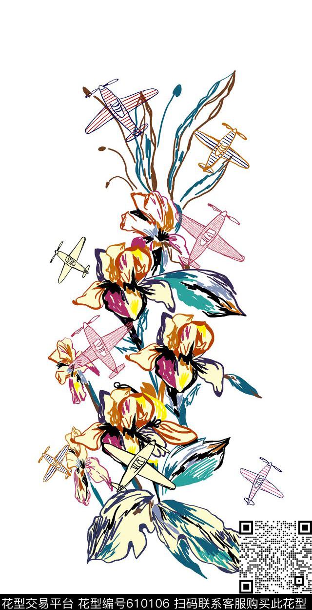 ES0234独幅.jpg - 610106 - 2017年春夏女装新花型 手绘线条花卉 趣味抽象飞机花型 - 传统印花花型 － 女装花型设计 － 瓦栏