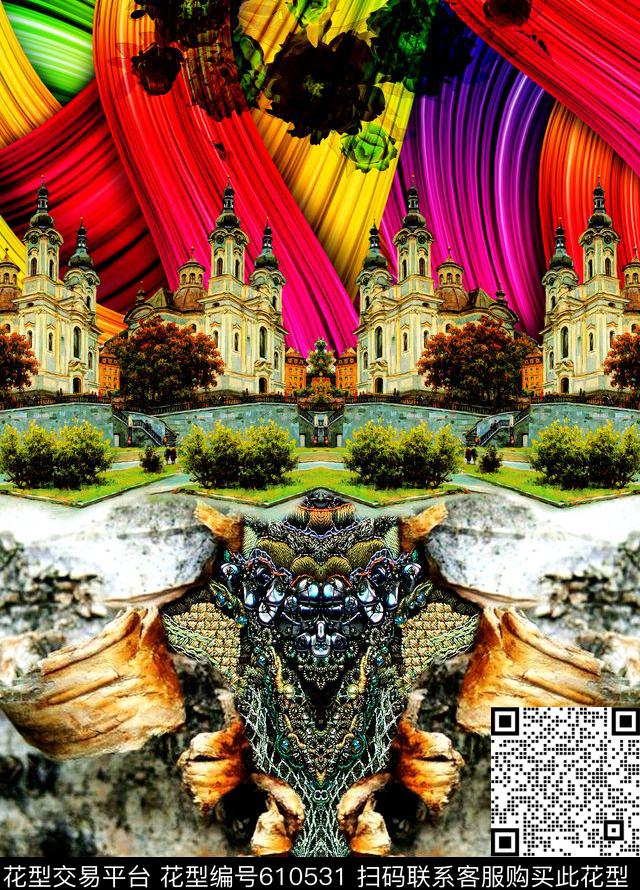 城堡8888.jpg - 610531 - 城堡 彩虹 油画 - 数码印花花型 － 女装花型设计 － 瓦栏