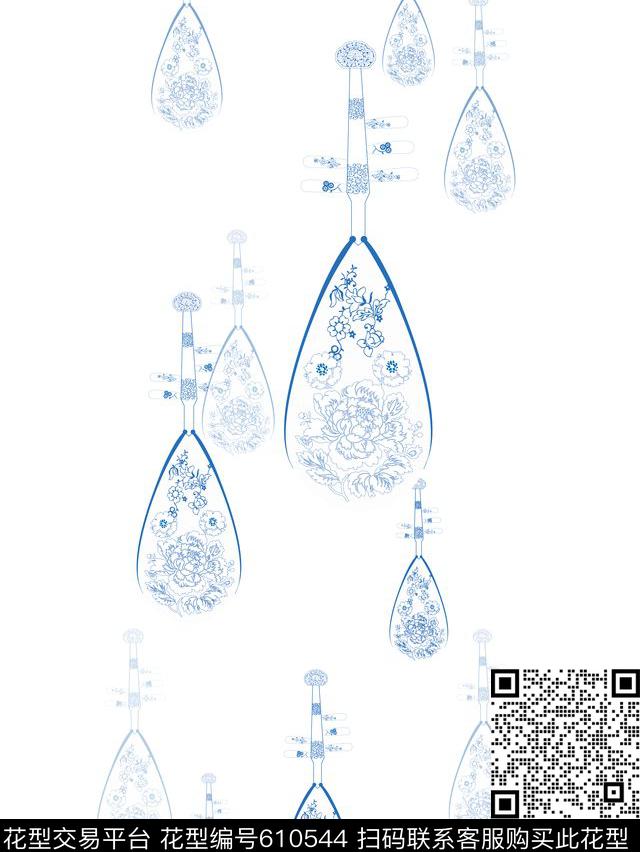 琵琶青花.jpg - 610544 - 瓷器 中国风 青花瓷 - 传统印花花型 － 女装花型设计 － 瓦栏