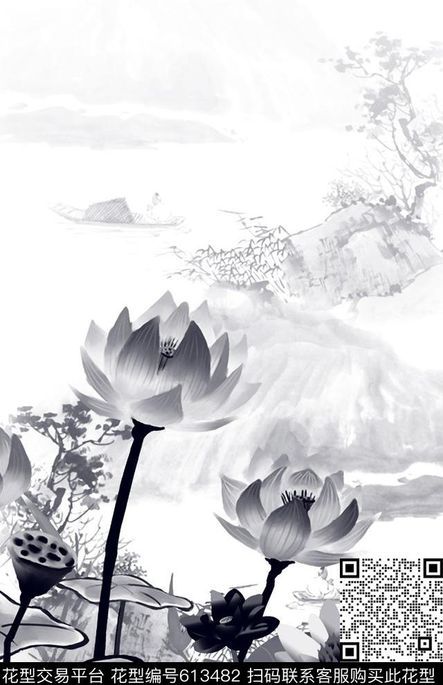 水墨丹青04576.jpg - 613482 - 中国风 工笔画 水墨 - 数码印花花型 － 女装花型设计 － 瓦栏