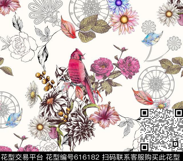 HD16030301.jpg - 616182 - 鸟 花朵 - 数码印花花型 － 女装花型设计 － 瓦栏
