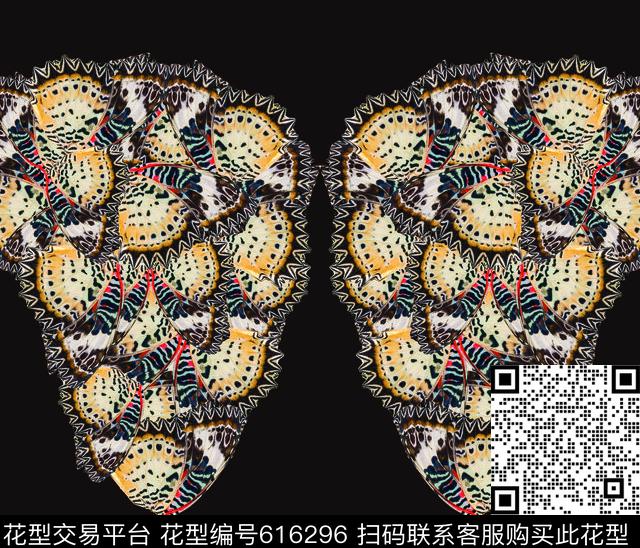 蝴蝶--黑底.tif - 616296 - 蝴蝶 纹理 动物集结 - 数码印花花型 － 女装花型设计 － 瓦栏