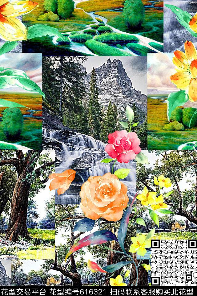 489-1.jpg - 616321 - 时尚潮流设计大牌中国风印花 时尚手绘花卉印花 抽象几何山水画 - 数码印花花型 － 女装花型设计 － 瓦栏