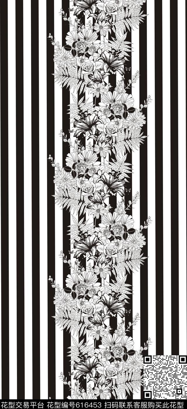线描花朵条纹.jpg - 616453 - 黑白条纹花卉 - 数码印花花型 － 女装花型设计 － 瓦栏