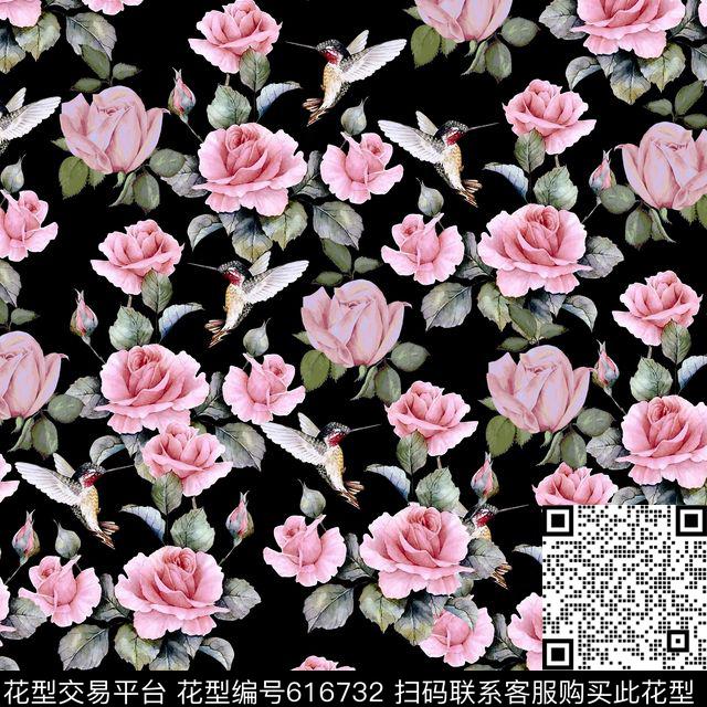 玫瑰小鸟.jpg - 616732 - 花朵 牡丹 玫瑰 - 数码印花花型 － 女装花型设计 － 瓦栏