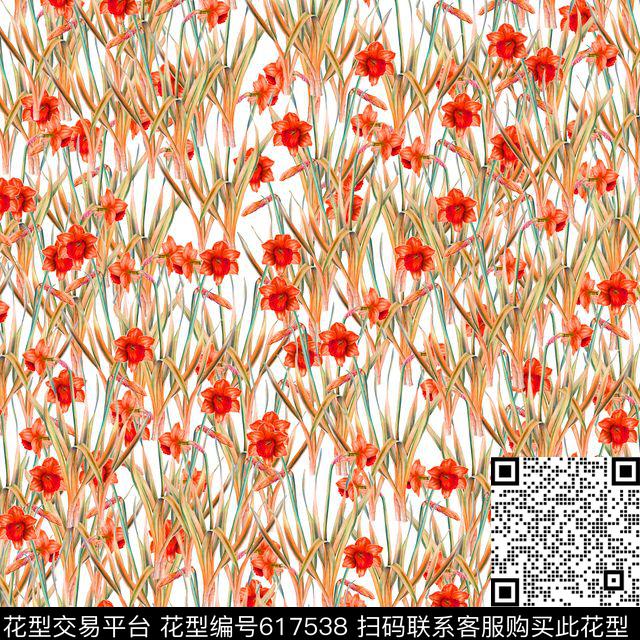 水仙花红.jpg - 617538 - 花朵 水仙花 花卉 - 数码印花花型 － 女装花型设计 － 瓦栏