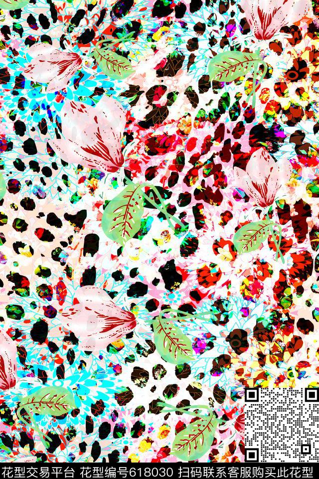 彩色抽象豹纹 花卉花朵叶子.jpg - 618030 - 男装女装图案 豹纹 花卉 - 数码印花花型 － 女装花型设计 － 瓦栏