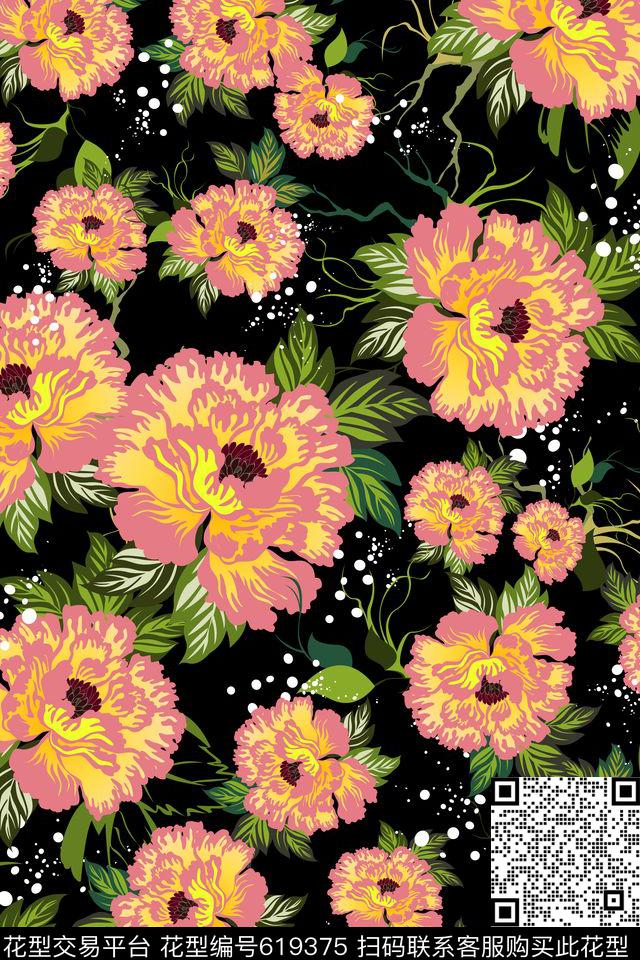 手绘花朵女装家纺匹布0422-03.jpg - 619375 - 韩版花卉 大花 手绘花卉 - 传统印花花型 － 女装花型设计 － 瓦栏