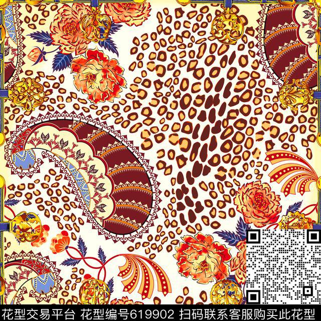 定位丝巾方巾花卉8-1.jpg - 619902 - 方巾丝巾 定位 动物纹 - 数码印花花型 － 方巾花型设计 － 瓦栏