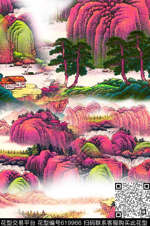 中国风风景山水画2.jpg - 619966 - 国画 工笔画 山水画 - 数码印花花型 － 女装花型设计 － 瓦栏