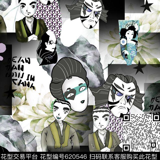 日本风3.jpg - 620546 - 日本动漫 水彩花卉 人物 - 数码印花花型 － 女装花型设计 － 瓦栏