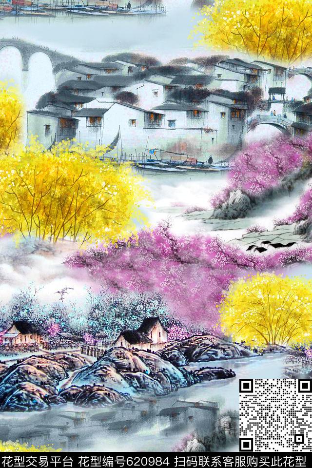 中国风水墨古村风景.jpg - 620984 - 山水画 民族风 中国风 - 数码印花花型 － 女装花型设计 － 瓦栏