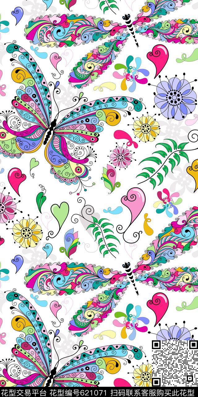 民族风线条彩色蝴蝶花.tif - 621071 - 卷草纹 民族风 几何 - 传统印花花型 － 女装花型设计 － 瓦栏