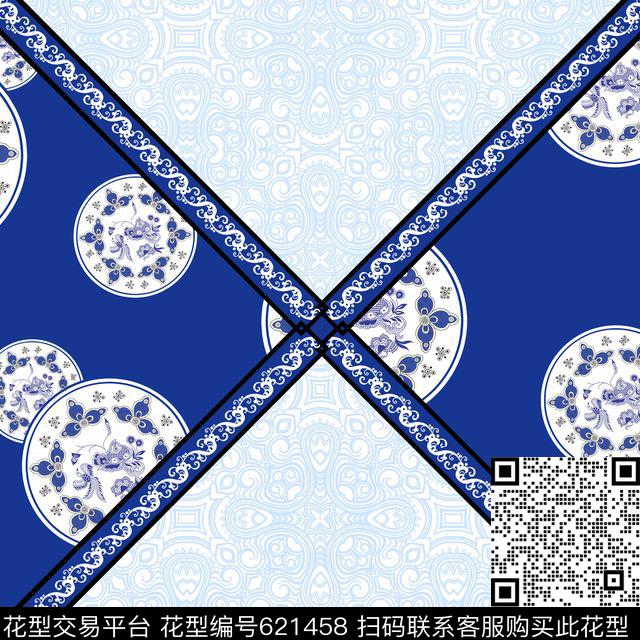 YPL2.jpg - 621458 - 青花 - 数码印花花型 － 方巾花型设计 － 瓦栏