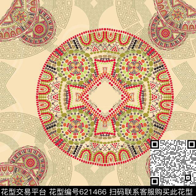 方巾-1010.jpg - 621466 - 民族化纹路 - 传统印花花型 － 方巾花型设计 － 瓦栏