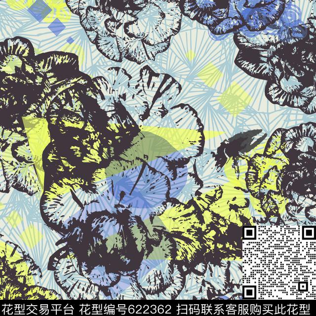 花1 A版.tif - 622362 - 几何花卉 线条 - 数码印花花型 － 窗帘花型设计 － 瓦栏
