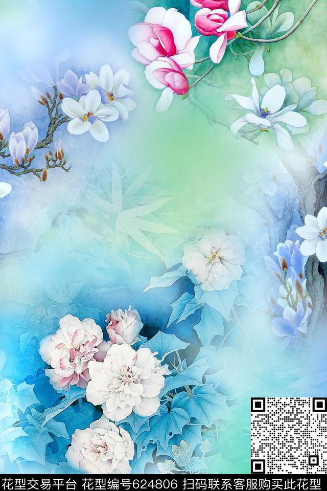 2857.jpg - 624806 - 中国风 国画 花卉 - 数码印花花型 － 女装花型设计 － 瓦栏