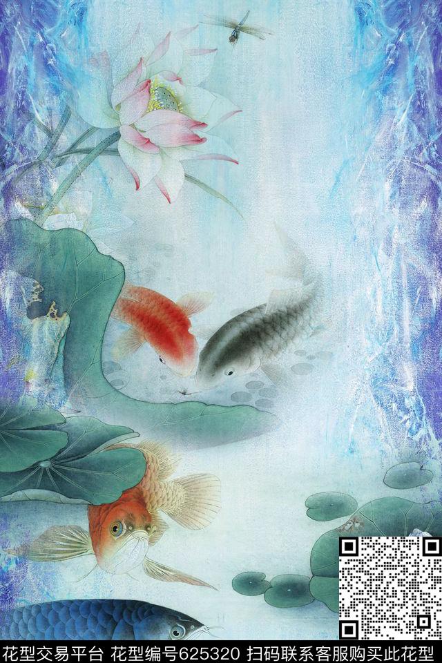 工笔鲤鱼.jpg - 625320 - 国画 荷花 花朵 - 数码印花花型 － 女装花型设计 － 瓦栏