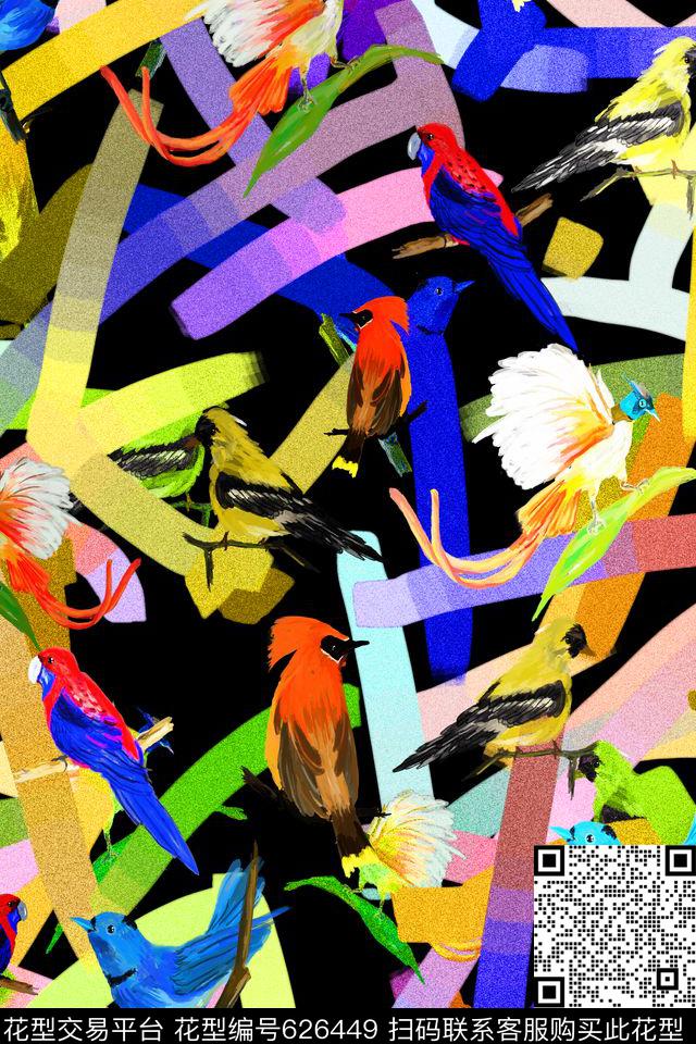 새(검).jpg - 626449 - 水彩 鹦鹉 手绘 - 数码印花花型 － 女装花型设计 － 瓦栏