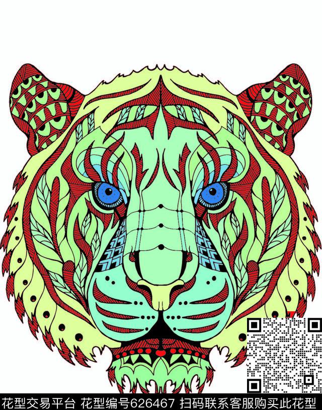 老虎头T恤图案.jpg - 626467 - 野兽 豹子 虎头 - 数码印花花型 － 男装花型设计 － 瓦栏