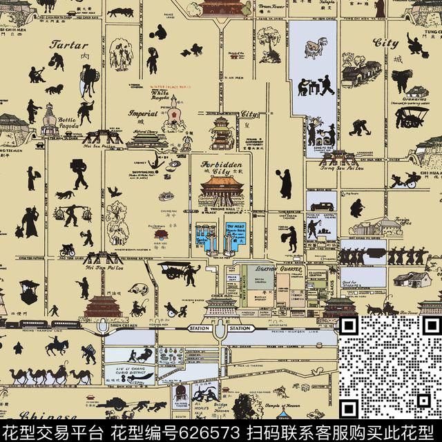 北京地图.jpg - 626573 - 北京 地图 勾线 - 数码印花花型 － 方巾花型设计 － 瓦栏