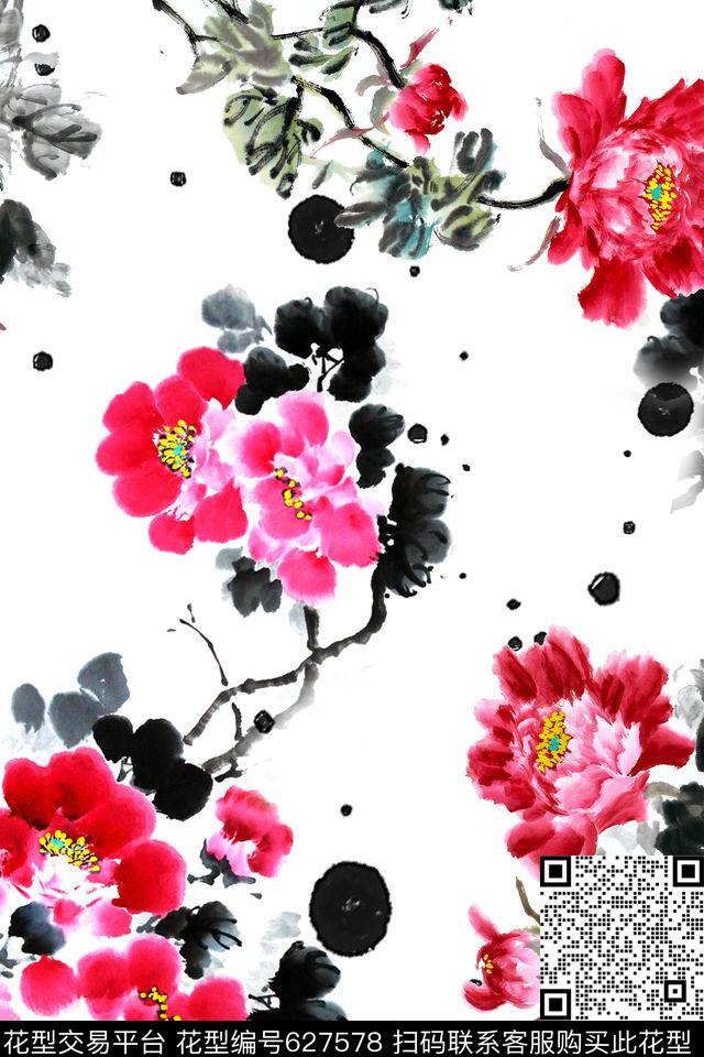 x-0268.jpg - 627578 - 民族风 中国风 水墨 - 数码印花花型 － 女装花型设计 － 瓦栏