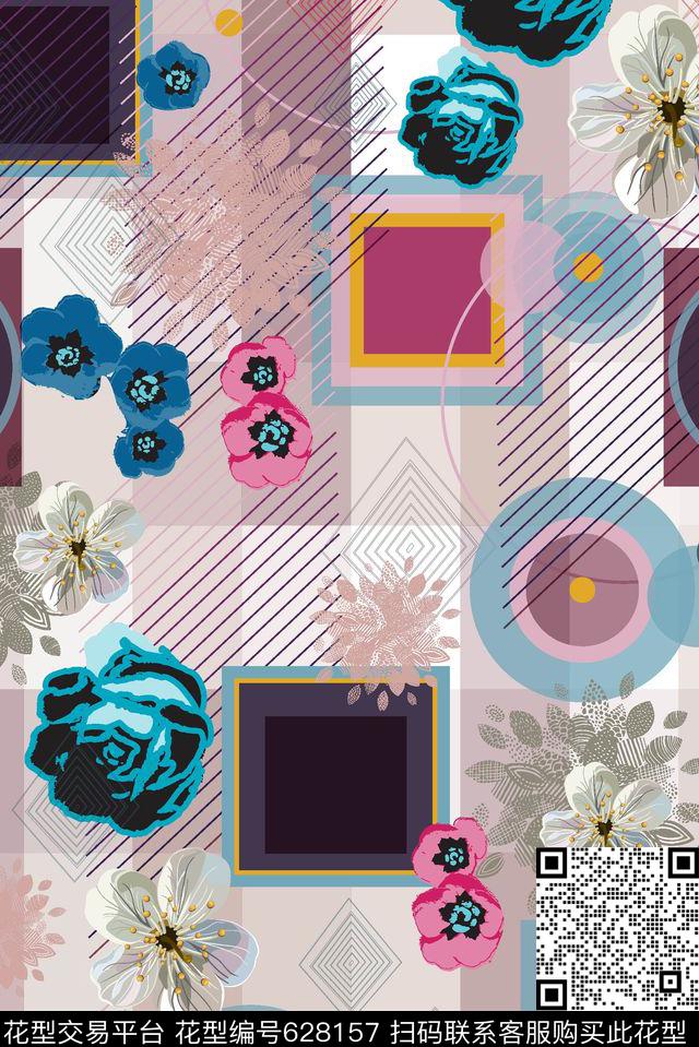 149几何花卉.jpg - 628157 - 方格 几何 花卉 - 传统印花花型 － 女装花型设计 － 瓦栏