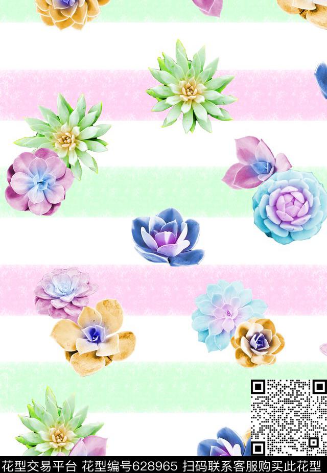 JPEG-48.jpg - 628965 - 水彩多肉植物 热带 几何条纹 - 数码印花花型 － 女装花型设计 － 瓦栏