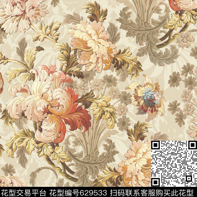 Z-2504-7.jpg - 629533 - 手绘 大花 花卉 - 数码印花花型 － 沙发布花型设计 － 瓦栏