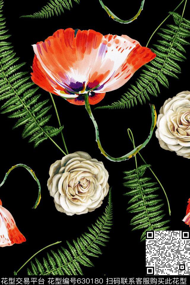 花和叶子.jpg - 630180 - 性感黑底、花卉、树叶 - 数码印花花型 － 女装花型设计 － 瓦栏