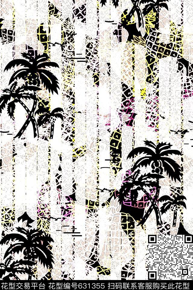 复古椰子树条纹2.jpg - 631355 - 风景 椰子树 条纹 - 数码印花花型 － 男装花型设计 － 瓦栏