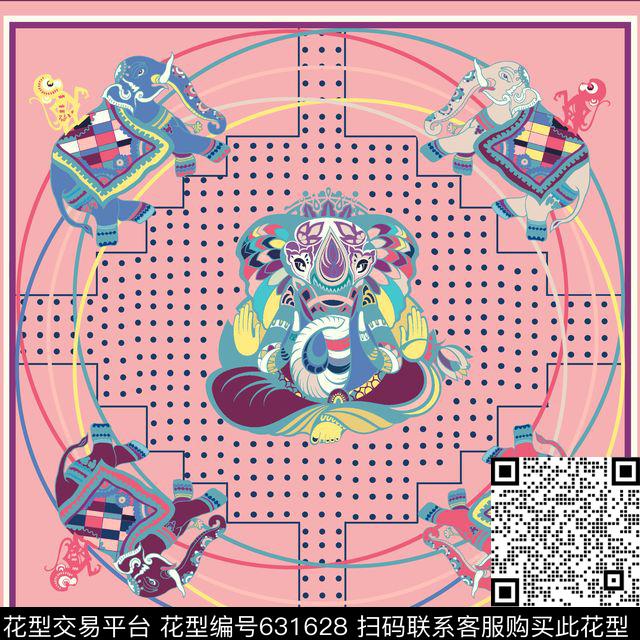 houzisijin6612343.jpg - 631628 - 大象 猴子 丝巾 - 数码印花花型 － 方巾花型设计 － 瓦栏
