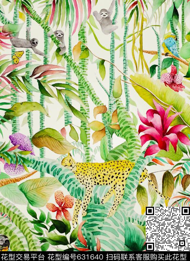 手绘稿.jpg - 631640 - 动物迷彩 风景 夏日的秘密花园 - 数码印花花型 － 女装花型设计 － 瓦栏