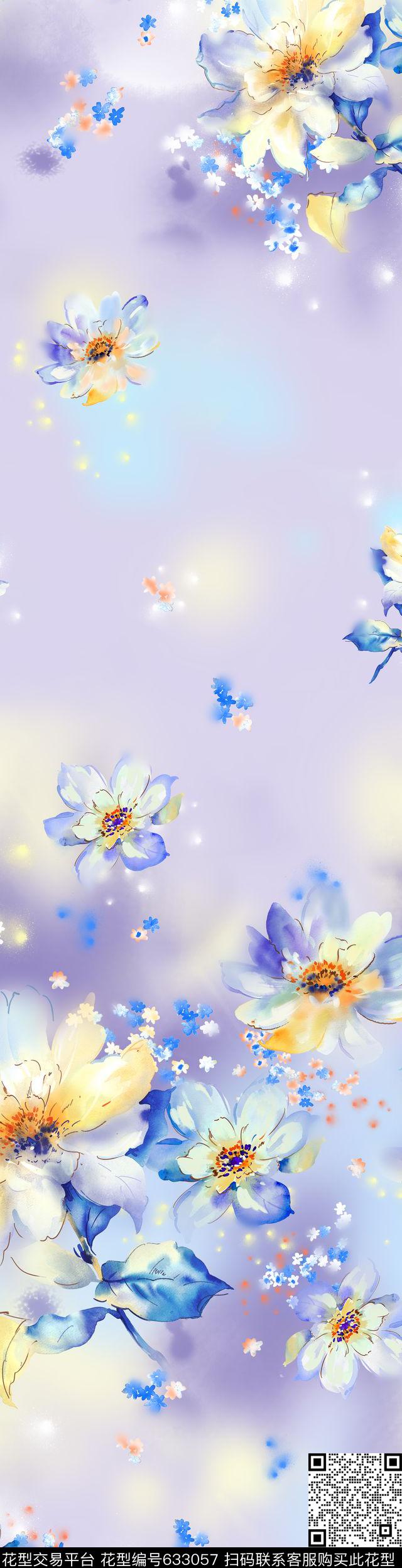 020703a - 633057 - 花卉 手绘 写意 - 数码印花花型 － 床品花型设计 － 瓦栏