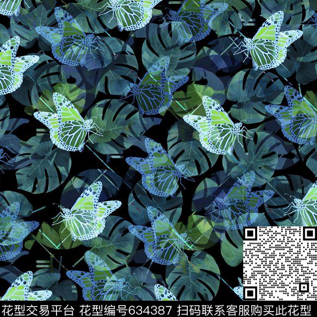 复古叶子蝴蝶3.jpg - 634387 - 复古 花卉 蝴蝶 - 数码印花花型 － 男装花型设计 － 瓦栏