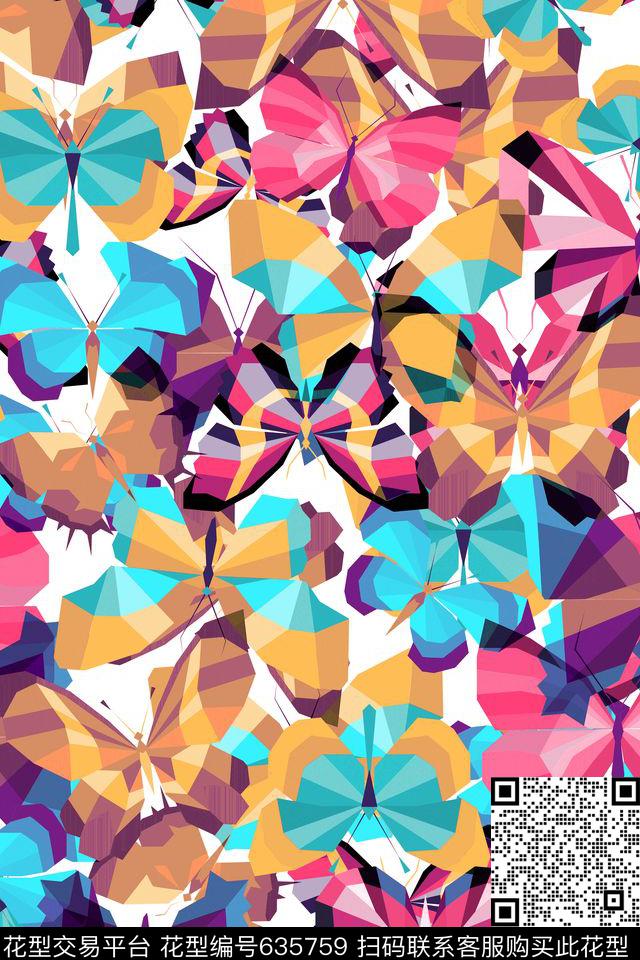 WT590抽象蝴蝶-6套色.jpg - 635759 - 抽象 几何 蝴蝶 - 数码印花花型 － 女装花型设计 － 瓦栏