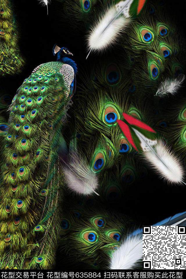 动物纹孔雀.jpg - 635884 - 羽毛 孔雀 动物 - 数码印花花型 － 女装花型设计 － 瓦栏