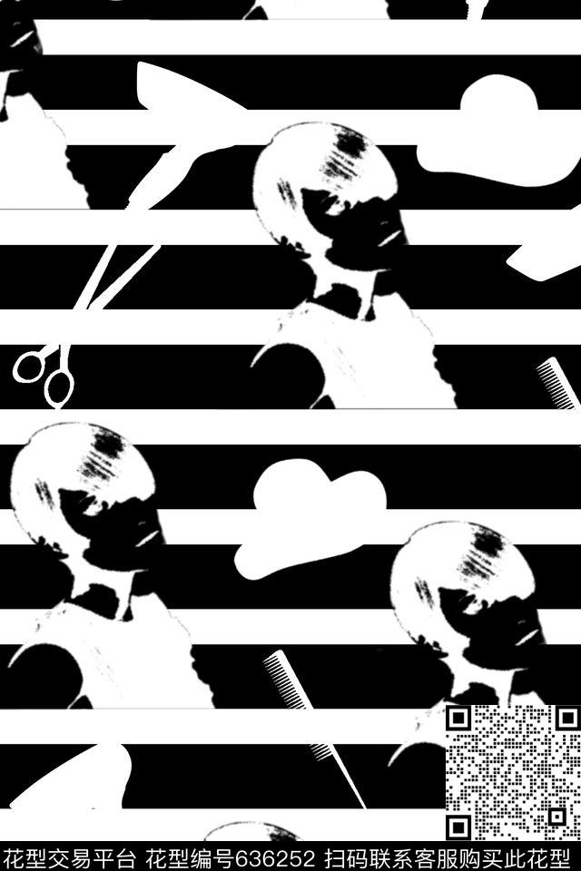 黑白人物理发器.jpg - 636252 - 趣味 黑白 人物头像 - 传统印花花型 － 女装花型设计 － 瓦栏