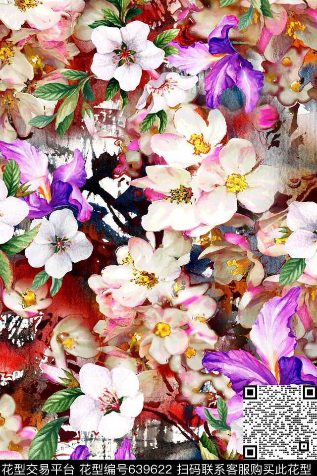 中国风油画肌理花卉组合1-1.jpg - 639622 - 中国风 晕染 杏花 - 数码印花花型 － 女装花型设计 － 瓦栏