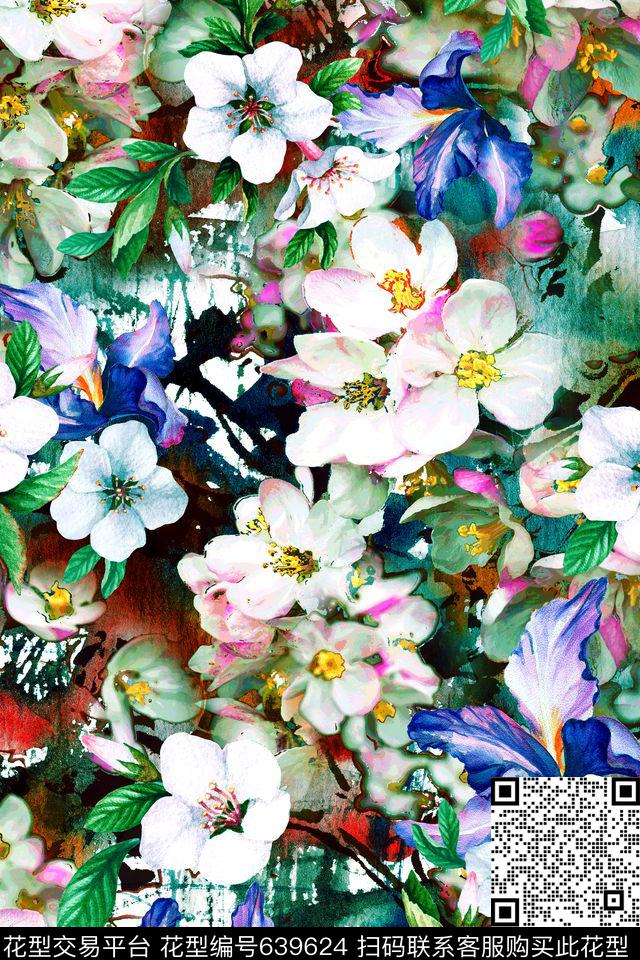 中国风油画肌理花卉组合1-2.jpg - 639624 - 中国风 晕染 杏花 - 数码印花花型 － 女装花型设计 － 瓦栏
