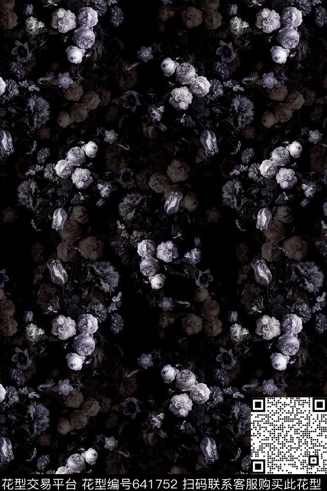 黑白花.jpg - 641752 - 流行时尚 花朵 花卉 - 数码印花花型 － 女装花型设计 － 瓦栏