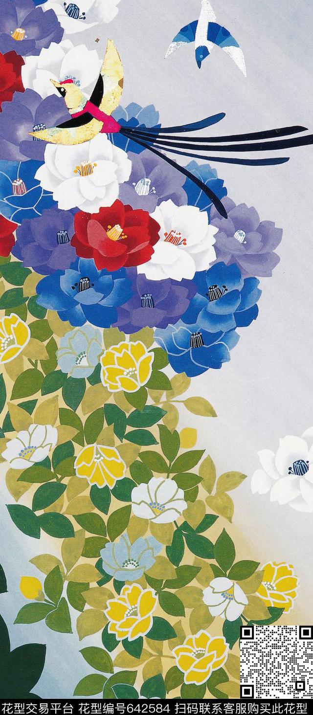 日本风.jpg - 642584 - 小鸟 花朵 花卉 - 数码印花花型 － 女装花型设计 － 瓦栏