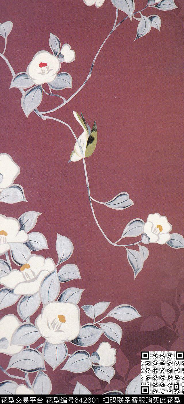 日本风2.jpg - 642601 - 水彩植物 小鸟 花朵 - 数码印花花型 － 女装花型设计 － 瓦栏