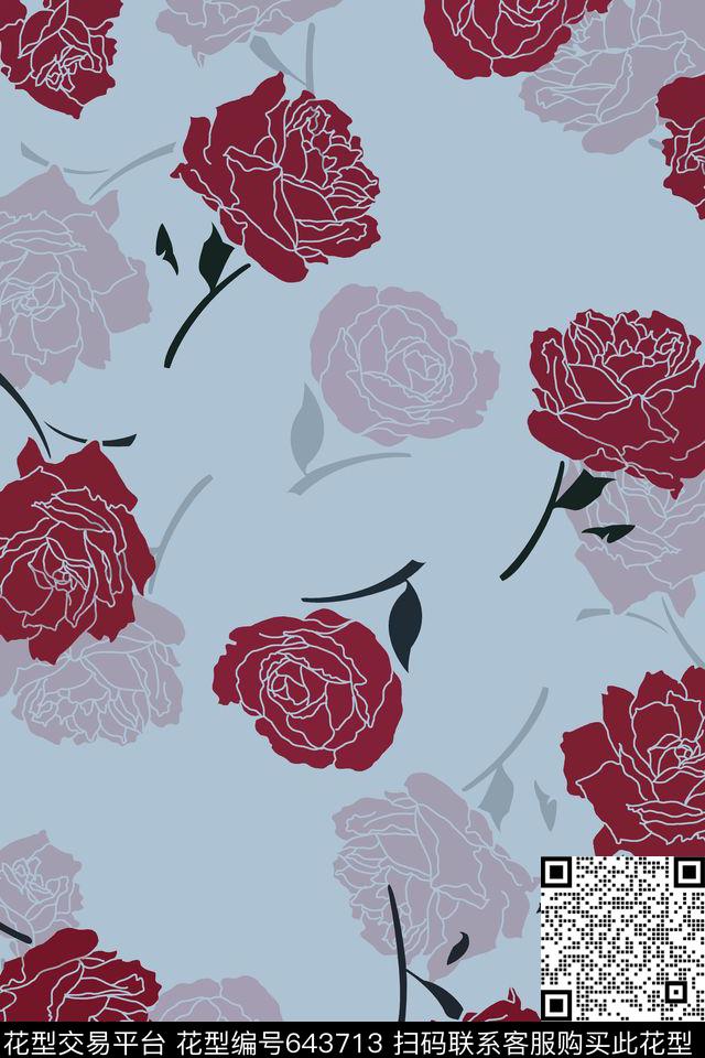 玫瑰.jpg - 643713 - 日本风 玫瑰 大花 - 传统印花花型 － 女装花型设计 － 瓦栏